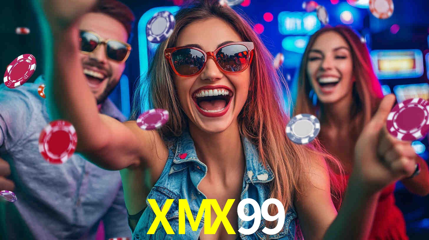 Una escena digital vívida inspirada en casino con XMX99 mostrado prominentemente, luces brillantes, fichas, cartas y acentos dorados.