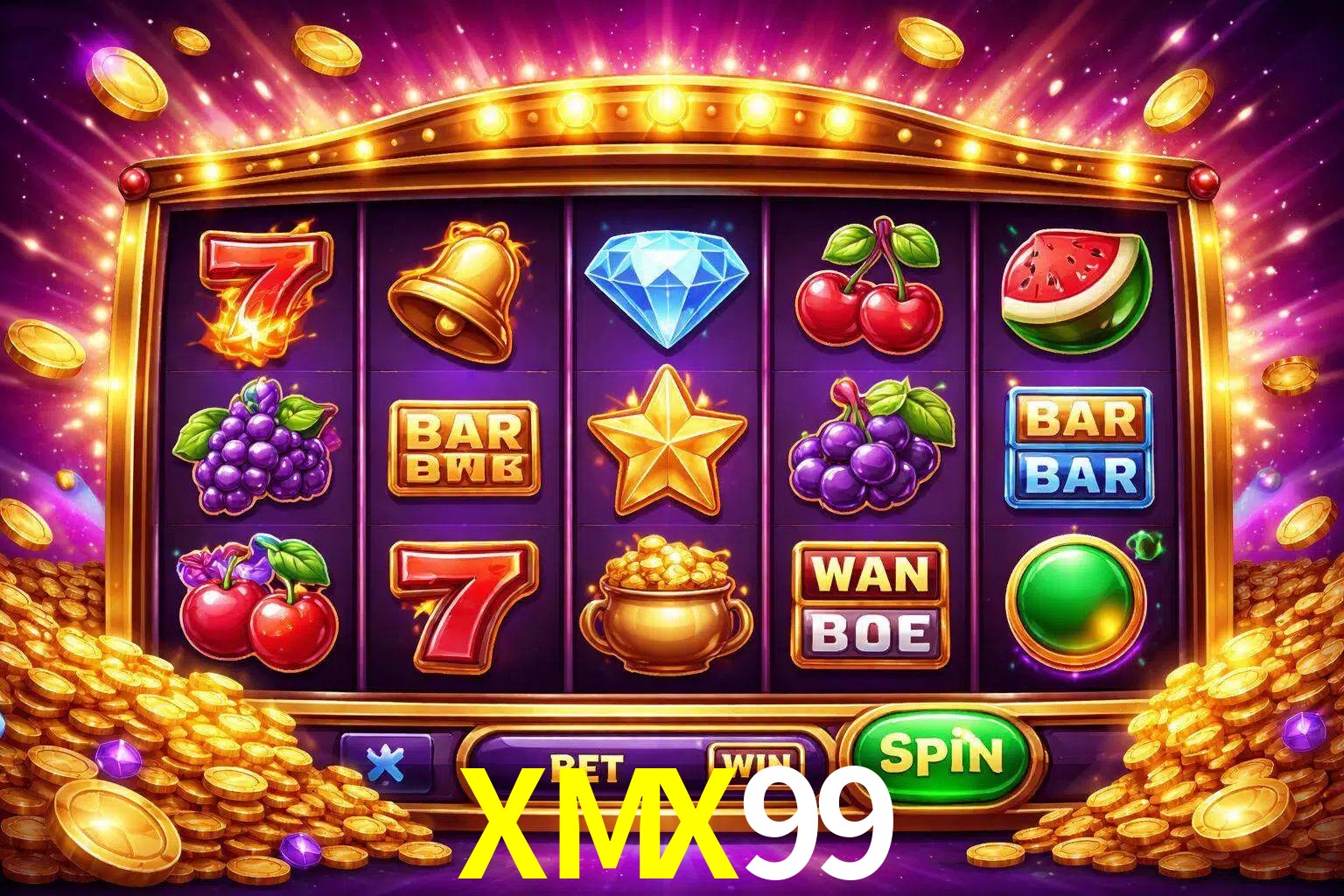 Una interfaz colorida de tragamonedas en línea con símbolos brillantes, monedas y un efecto de victoria celebratoria en XMX99.